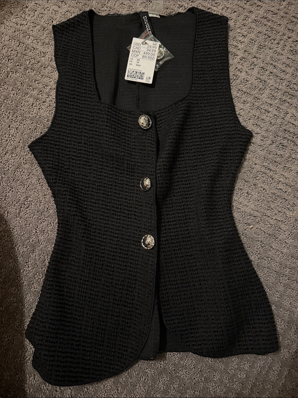 H&M Black Textured Sleeveless Button Front Vest